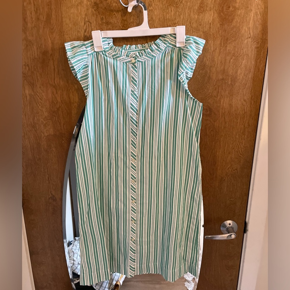 LOFT Green and White Striped Mini Dress